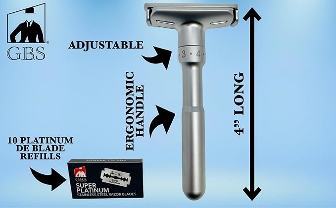 G.B.S Chrome Adjustable Men's Double Edge Safety Razor Blade and 10 G.B.S Platinum Blades Refills