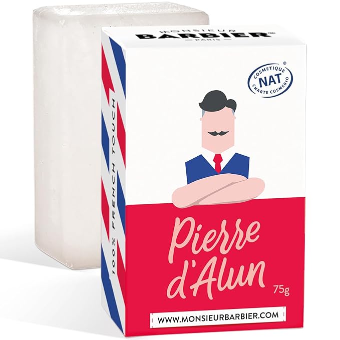 Alum Block for Shaving Alum Stone for Face, Natural Mineral Bar | Soothing Grooming Stone for After Shave, Deodorant Use & Wet Shaving | Soothes Razor Burn Vegan Made in France 75g