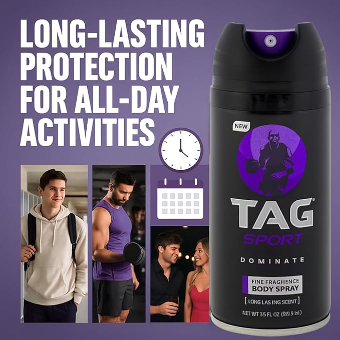 TAG Body Spray for Active Men - Dominate Scent, Long Lasting Men’s Fragrance, Strong Protection, Cologne Fragrance and Deodorant Spray in One; 3-Pack of 3.5 Oz Sprays (10.50 Ounces)