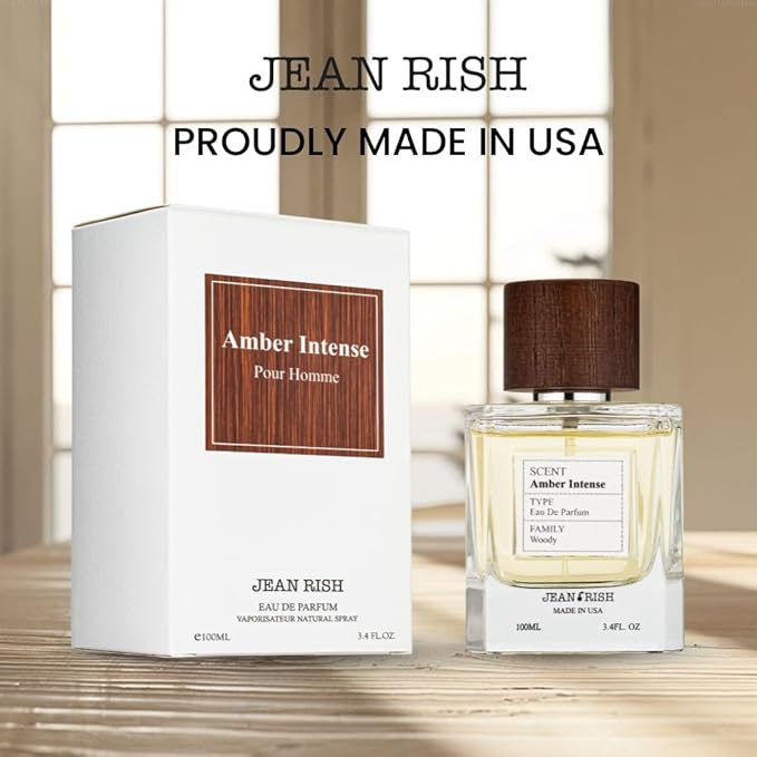 Jean Rish Amber Intense, Eau De Parfum for Men (3.4 Fl Oz / 100 ml) with Mandarin, Cinnamon, Amber – Long Lasting and Luxury Fragrance, Made In USA