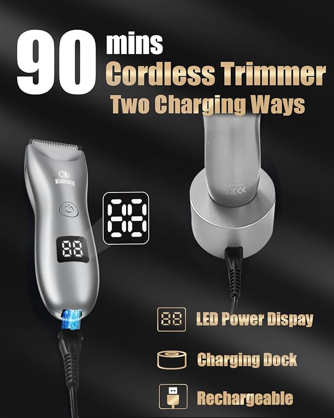 Body Hair Trimmer for Men with Light, Ball Trimmer Men Waterproof, Pubic Groin Hair Trimmers for Man Rechargeable Body Groomer with Standing Recharge Dock,LED Display