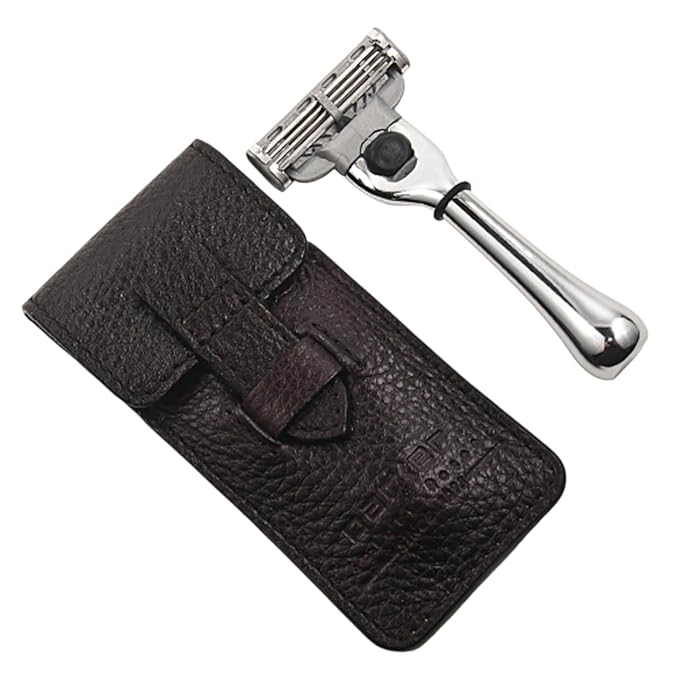 Parker Travel Razor – Compatible with Gillette® Mach3® Cartridges – Compact Chrome Brass Handle with Premium Buffalo Leather Case for Men’s Grooming & Travel