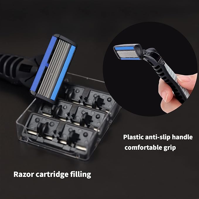 6-Blade Razor,Plastic Anti-slip Men Manual Refill Cartridges razors, Reusable Face Cleansing Care Tool, 30 pcs refill cartridges, Shave Supplies for Men and Women - Black
