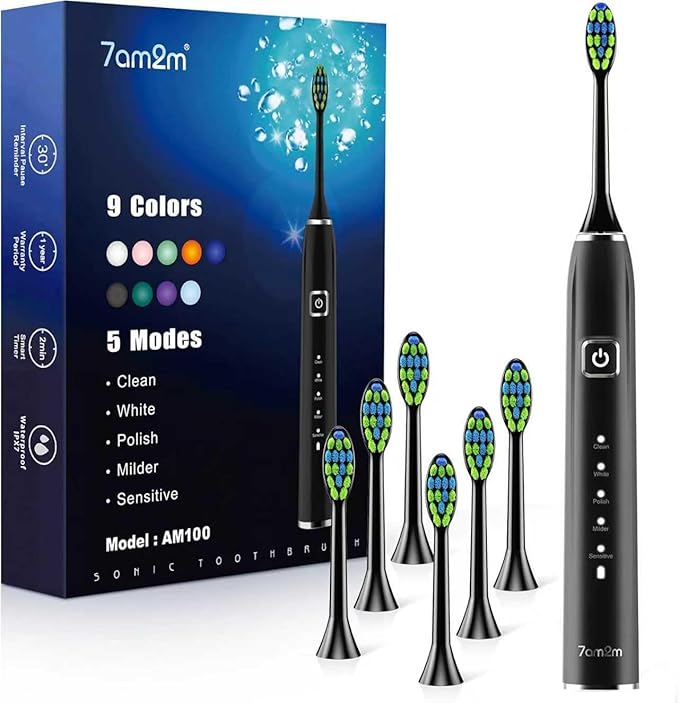 7AM2M Ultrasonic Electric Toothbrush with 6 Brush Heads for Adults&Kids, Type C Rechargeable, One Charge for 120 Days, 5 Modes&40000VPM Powered Toothbrush, 2 Minutes Built in Smart Timer (Black)