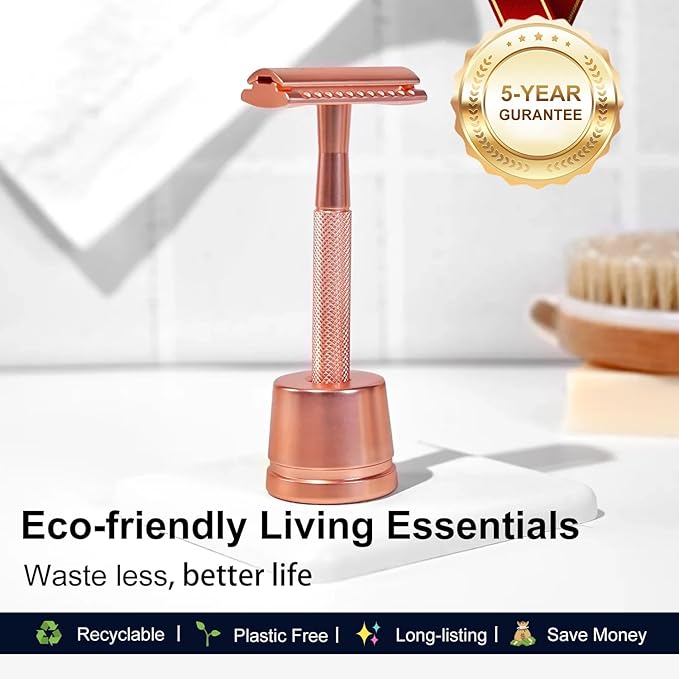 Safety Razor with Stand, Single Blade Razors for Women and Men, Reusable Metal Razor, with 10 Double Edge Blades, Smooth Close Shave, Plastic Free, Rose Gold