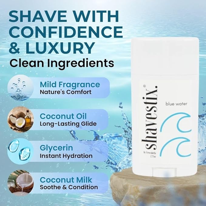 Travel Shaving Cream Stick 2.75 Oz | Blue Water Scented Coconut Based Razors, Shavers Friendly Hair Removal Cream Bar | Shavestix Shave Stick Sub Foam, Gel, Soap, Shaving Cream Women, Men
