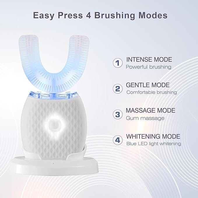 Smart U-Shaped Ultrasonic Toothbrush for Adults: 360° Full Mouth Cleaning with Auto Rotation, Smart Pressure Sensor & LED Light, Includes Foam Mousse, 4 Brush Heads and Charging Base (white)