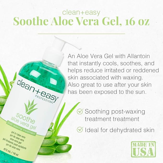 Clean + Easy Aloe Vera Gel for After Wax Care, Soothes Irritated Skin, Non-Greasy Post Waxing Treatment, Removes Excess Wax Residue, 16 oz
