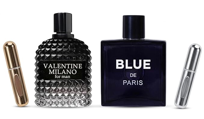 Valentine Milano & Blue de Paris for Men Fragrance Set – 2-Piece Cologne Bundle with Refillable Gold & Silver Travel Atomizers – Long Lasting Eau de Parfum Gift Set for Men