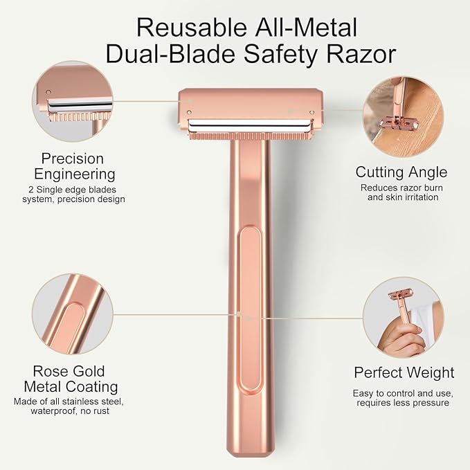 Dual-Blade Safety Razor with Pivoting Head, Reusable Metal Razors for Women, with 10 Double Edge Blades, Smooth Close Clean Shave, Rose Glod