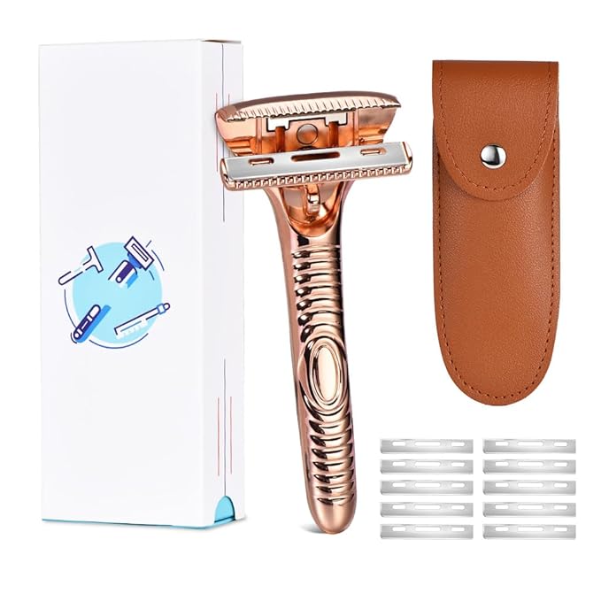 Single Blade Razors for Men and Women, Reusable Modular Safety Razor with Magnetic Head and Metal Non-Slip Grip, 10 Single Edge Razor Blades & Leather Case,Rose Gold Whiskers