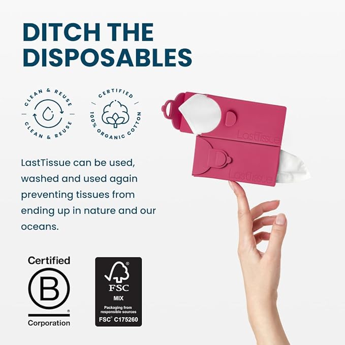 LastTissue® Reusable Cotton Tissue Pack | Face Towels & Handkerchiefs for Men & Women – Washable, Sustainable Facial Tissue with Storage Case - Red