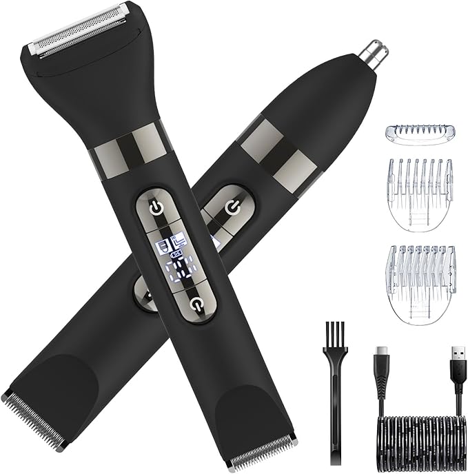 Hatteker 3 in 1 Multifunctional Dual - Head Body Hair Trimmer for Men, IPX7 Waterproof Nose/Eyebrow Trimmer, Rechargeable Body Electric Shaver Razor