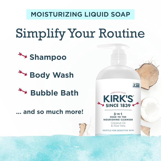 Kirk's 3-in-1 Head to Toe Nourishing Liquid Cleanser- for Men, Women & Children - Premium Coconut Oil & Aloe Vera- Non GMO & Vegan -Fragrance Free - 32 Fl Oz.