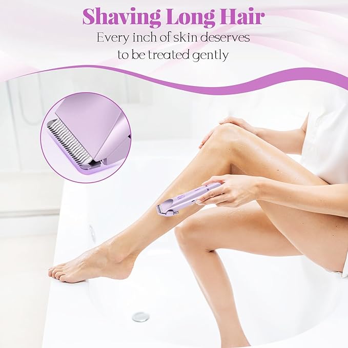 Bikini Trimmer for Women, 2-in-1 Painless Electric Razor with Ceramic Blade, Cordless for Sensitive Skin, Waterproof Dual Head Shaver Women for Facial and Body (Purple)