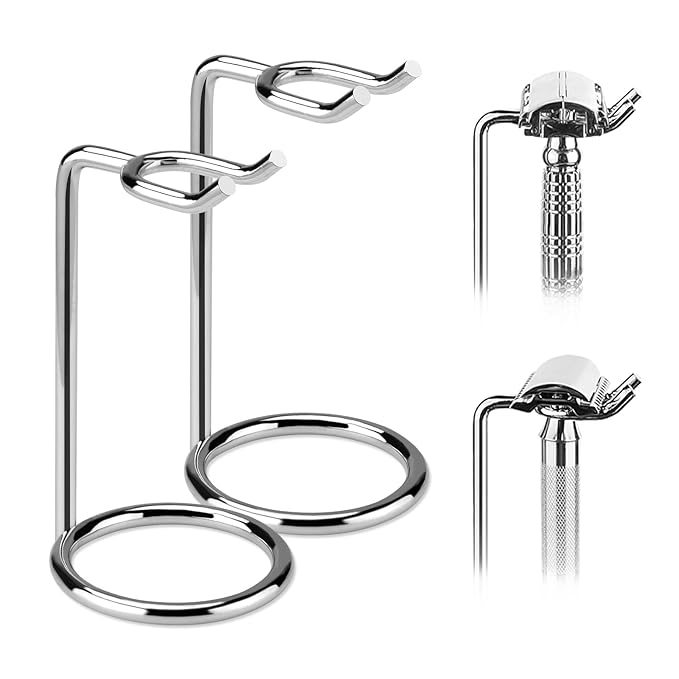 Linkidea 2 Pack Short Handle Safety Razor Stand, Stainless Steel Shaving Holder, Deluxe Men's Travel Shaver Stand, Compatible With Handle Less Than 3.5'' (Silver)