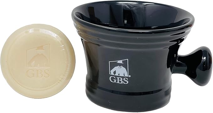 G.B.S Heavy Duty Black Ceramic Shaving Bowl, Mug with Natural Shave Soap – for use with up to 3” Shaving Soaps and Lathering Shave Cream Cup – Pommel Handle (Black)