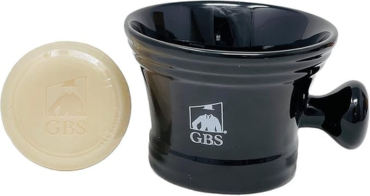G.B.S Heavy Duty Black Ceramic Shaving Bowl, Mug with Natural Shave Soap – for use with up to 3” Shaving Soaps and Lathering Shave Cream Cup – Pommel Handle (Black)