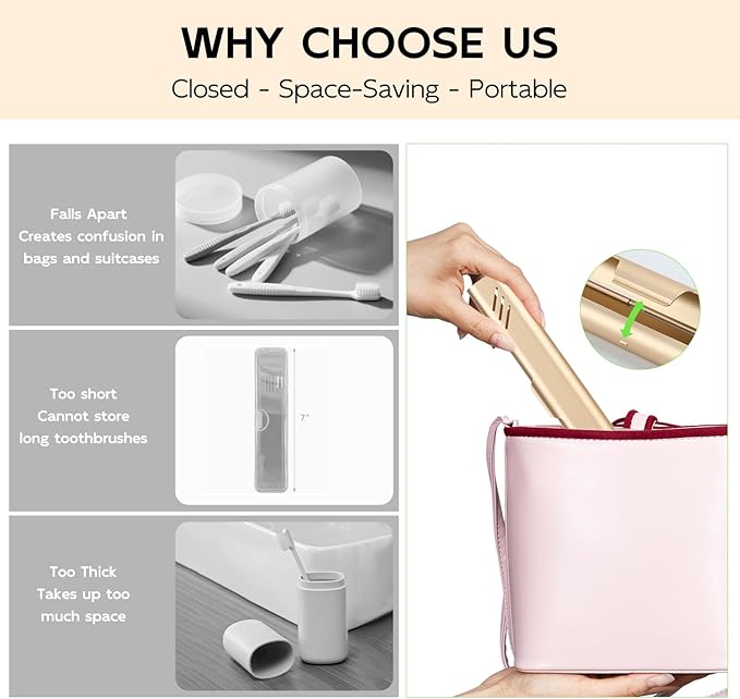 Travel Toothbrush Case, 2Pack Portable Toothbrush Holders, Durable Aluminum Toothbrush Storage Box, Small Breathable Manual Toothbrush Container for Traveling, Camping, Business Trip - Gold