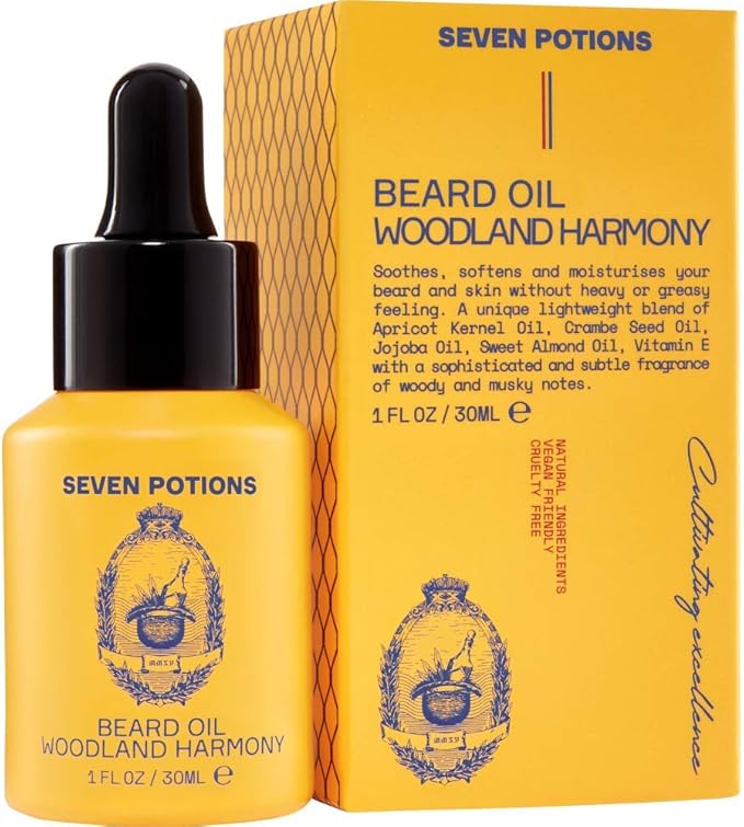 SEVEN POTIONS Natural Beard Oil for Men 1 FL OZ / 30ml — Sweet & Woody Beard Softener & Conditioner — Vegan Conditioning Oil That Helps Prevent Itch & Dandruff (Woodland Harmony)