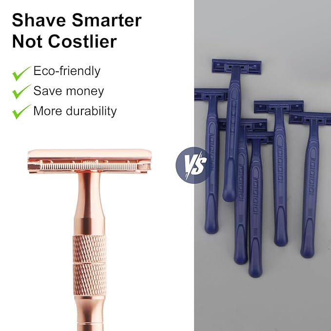 Rose Gold Safety Razor, Single Blade Razors for Women, Reusable Metal One Blade Razor Women, with 10 Stainless Steel Double Edge Blades, Eco-friendly, Smooth & Close Shave