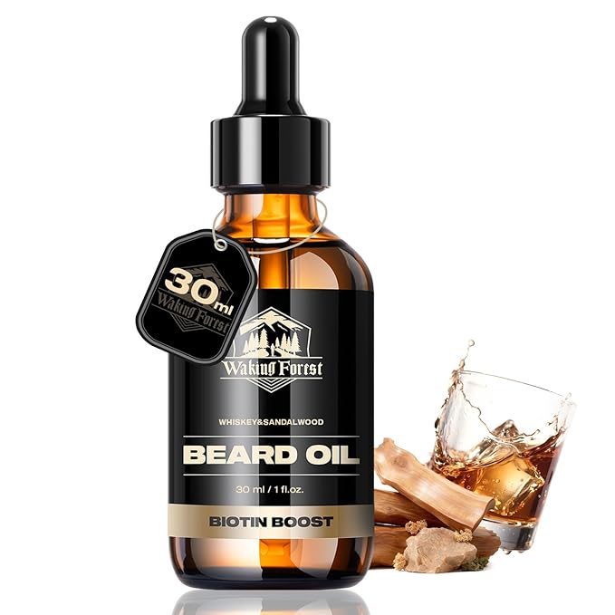 Waking Forest Sandalwood & Whiskey Beard Oil for Men - Biotin Mustache Oil with Vitamin E, Rosemary & Castor - Beard Care Softener, Strengthens, and Moisturizes - Beard Conditioner (1 oz)