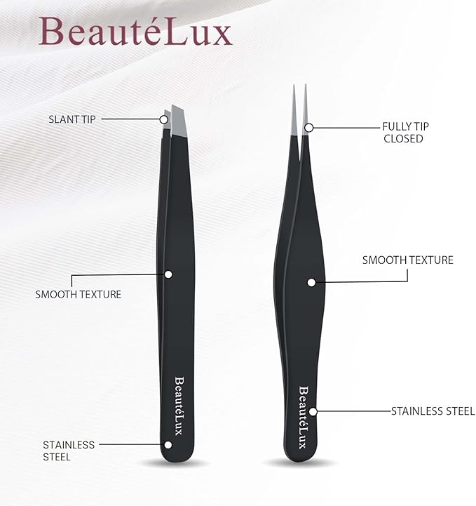 Precision Tweezer Set, Pointed tip & Slant Tip Tweezer for women & men, Stainless Steel eyebrow Tweezers, Stocking Stuffer, tweezer for Chin hair, Ingrown Hair Removal, Black tweezers with case