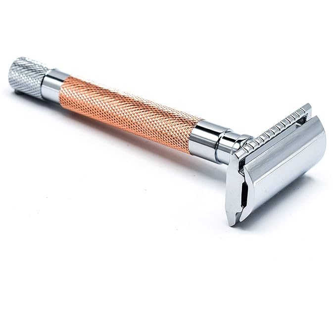 Parker 56R Heavyweight Double Edge Safety Razor with 5 Parker Premium Platinum Stainless Steel Razor Blades – Classic 3 Piece Design (Rose Gold))