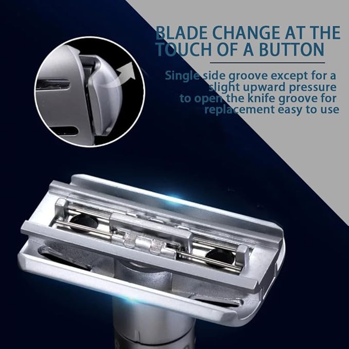 6-speed adjustable dual-blade safety razor with 10 platinum-coated stainless steel blades. Includes optional stand. Comes with complimentary travel pouch. (Black + base + holster)