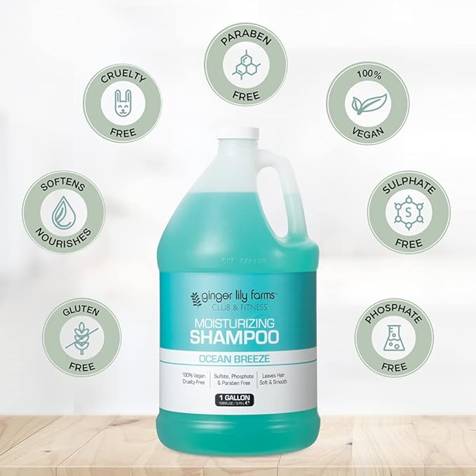 Ginger Lily Farms Club & Fitness Moisturizing Shampoo for All Hair Types, 100% Vegan & Cruelty-Free, Ocean Breeze Scent, 1 Gallon (128 fl oz) Refill