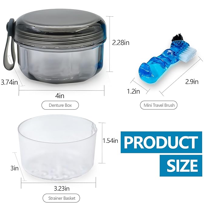 Leak Proof Denture Cups for Soaking Dentures with Strainer Basket and Brush, Partial Denture Bath Case Travel Retainer Cleaning Container Case for Aligner, Denture, Mouth Guard - Transparent Black