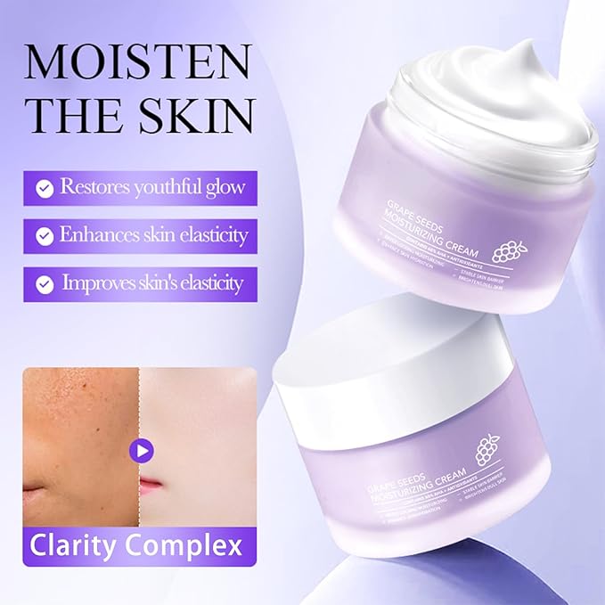 Grape Seed Face Cream - 1.76oz Anti-Aging Moisturizer with Vitamin E & Hyaluronic Acid, Deep Hydration for Dry Skin, Wrinkle Reducing Night Cream, Non-Greasy Formula for Women & Men