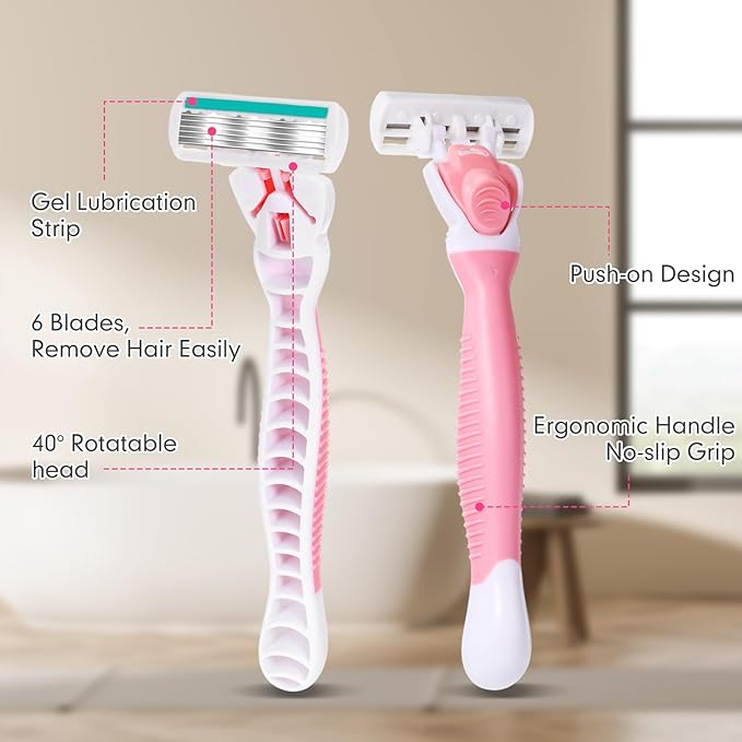 Lasnten 39 Pcs Disposable Women Razors 6 Blade Sensitive Skin Shaving Razor Set Include 3 Non Slip Handles and 36 Refills(Pink)