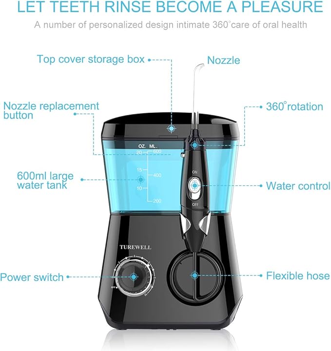 TUREWELL Water Flossing Oral Irrigator, 600ML Dental Teeth Cleaner 10 Adjustable Pressure, Electric Oral Flosser for Braces, 8 Replacement Jet Tips for Family (Black)