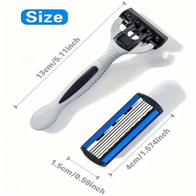 24 Stainless Steel 6 Blade Shaving Razor for Men Beard Mustache- Replaceable Cartridges Blades+ 2 Non-slip Handles- Disposable Reusable Manual Safety Razor Blade