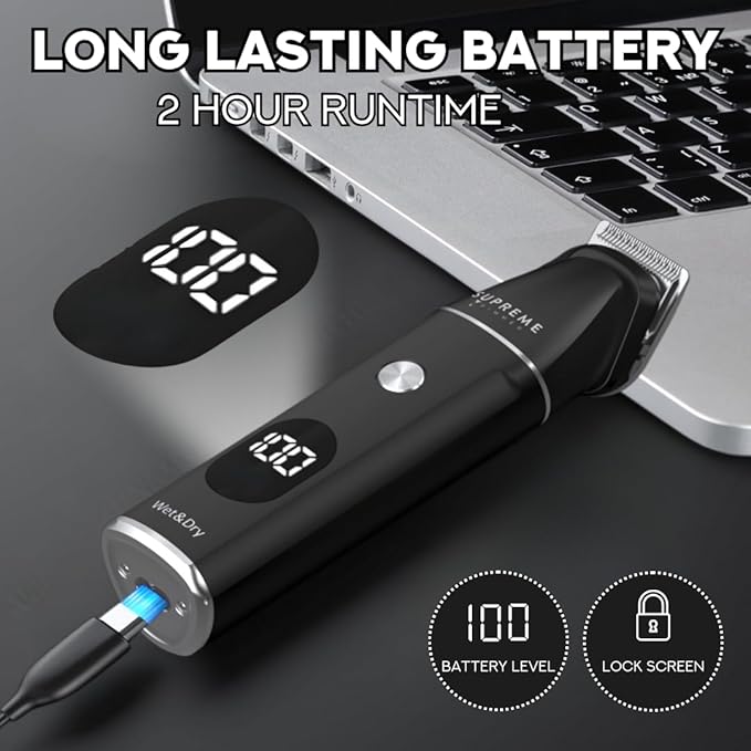 Supreme Trimmer All-in-One Waterproof Multigroomer for Men | Beard, Body, Pubic & Nose Hair Trimmer Kit | No-Nick LCD Grooming Clippers, Rechargeable Full Body Shaver | SMG3030