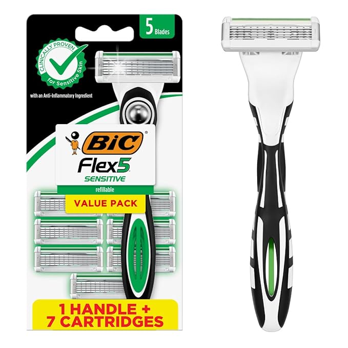BIC BIC Flex 5 Sensitive Refillable Razors Men's Refillable 5 Blade Razors, Clinically Proven for Sensitive Skin, 1 Handle and 7 Cartridges Pack