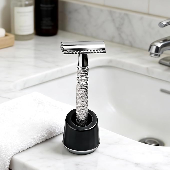 ERAVOR Men's Shaving Razor Stand, Zinc Alloy, Safety Razor Holder Base, Opening Dia 0.75" (1.9cm), Razor Holder for Men (Black)