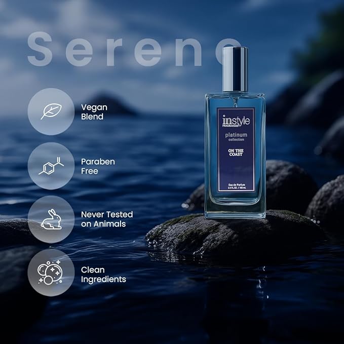 InStyle Fragrances Platinum Collection On the Coast, Inspired by J. Malone's Woo.d Sa.ge & Sea Salt, Premium Unisex Eau de Parfum, CLEAN, Vegan, Paraben-Free, Never Tested on Animals, 3.4 Fluid Ounces