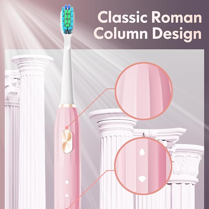 Pink Electric Toothbrush for Adults Kids Electric Toothbrush Rechargeable with 9 Brush Heads, 5 Modes and 2 Minutes Smart Timer, 4Hours Charge for 60 Days, Roman Column Handle (Pink 8-12)