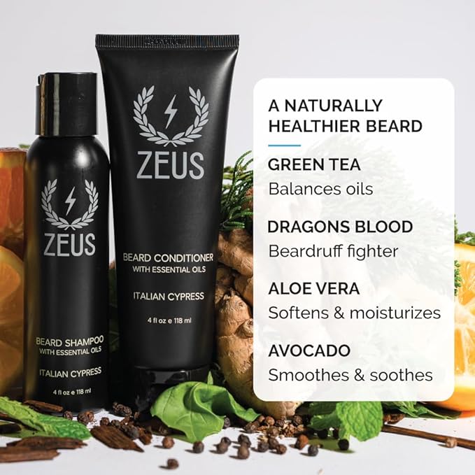 ZEUS Italian Cypress Beard Wash Set for Men, Shampoo & Conditioner Duo with Green Tea & Essential Oils, Hydrates, Softens & Strengthens Beard Hair (Made in USA)