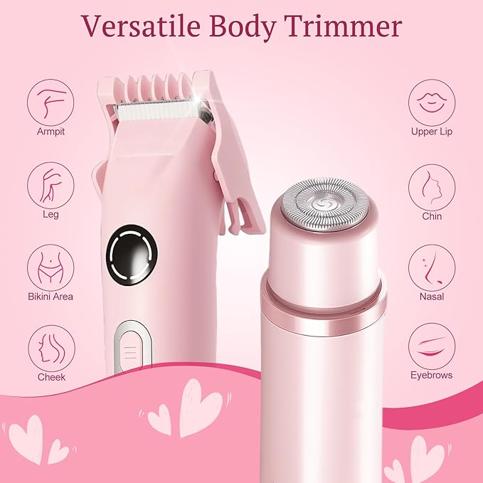 Bikini Trimmer for Women, 4 in 1 Wet/Dry Electric Razors for Women - Dual Head, Painless Rechargeable Portable Womens Razors for Shaving Set for Face, Nose, Eyebrows, Armpits, Bikini Area (Pink)