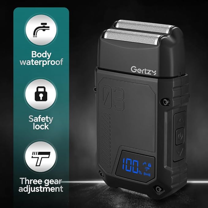 Gertzy Electric Shaver for Men Face, Men's Razor, Cordless Beard Foil Shavers, Wet Dry Waterproof, 3-Speed Adjustable Shaving,Rechargeable Type-C Charging, LED Display (Black)