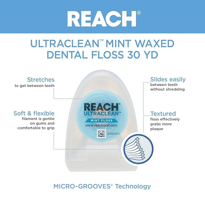 Reach Listerine Ultraclean Dental Floss, Plaque Remover, Shred Resistant, Waxed, Gentle on Gums & Teeth, Mint, PFAS-Free, Fresh Breath, Oral Care, for Adults & Kids, 30 yds - Pack of 2