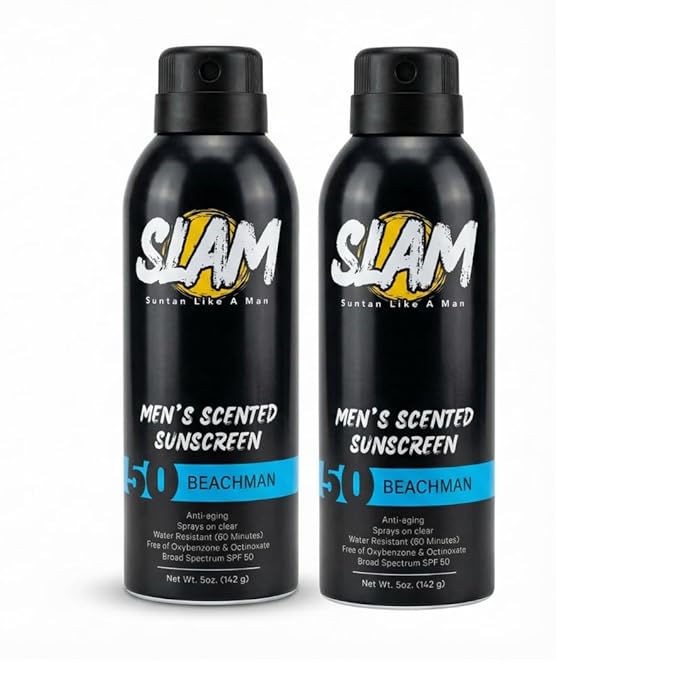 SLAM BeachMan Men's Scented Sunscreen Spray – Broad Spectrum SPF 50, Water & Sweat Resistant, Mens Sunblock, UVA/UVB Protection – Cedarwood Scented Sunblock for Body (SPF 50)