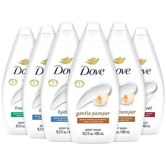 Dove Body Wash Variety 6-Pack – Hydrate, Gentle Pamper, Fresh Care, and Silky Velvet, 15.2 Oz Ea