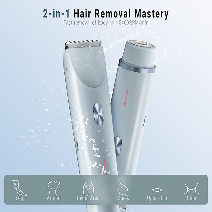 2-in-1 Bikini Trimmer for Women, Bikini Shaver with Dual Heads, Body and Facial Hair Removal, Rechargeable Cordless Electric Razors for Face Chin Pubic Underarm Legs, IPX7 Waterproof, Blue