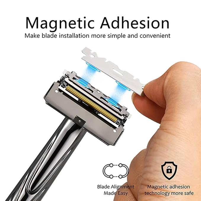 Men's Safety Razor with Black Double Stainless Steel Blades - 2 Half Flexible Blades for Smooth Gliding Shave & Beard Care (Black)
