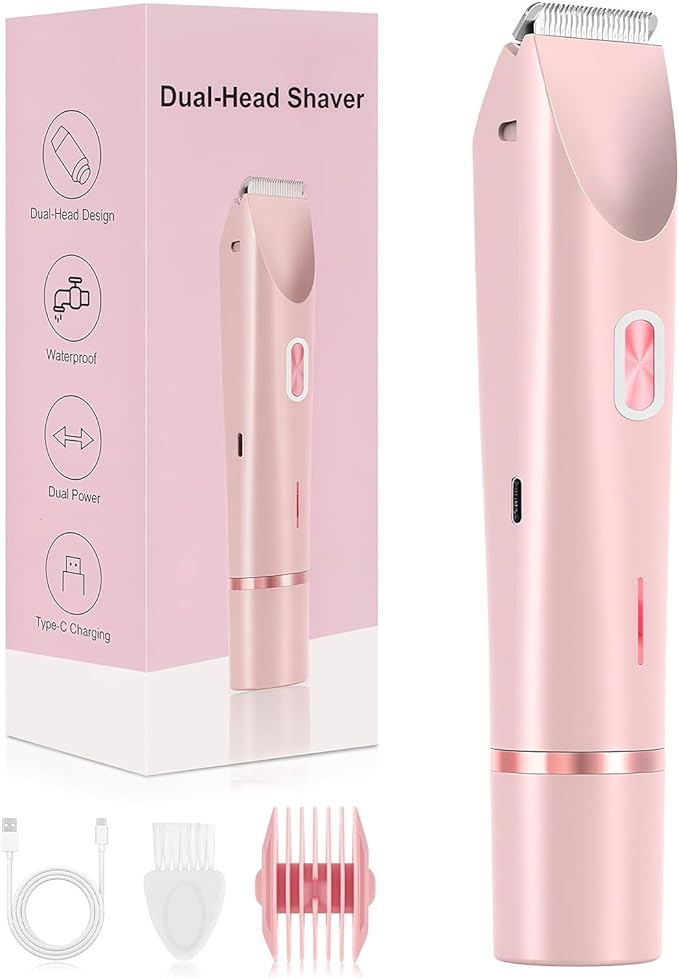 Bikini Trimmer for Women, 2-in-1 Painless Dual Head Shaver Women with Painless Ceramic Blades, Waterproof Electric Razors for Body & Face, Holiday Gift for Her (Pink)