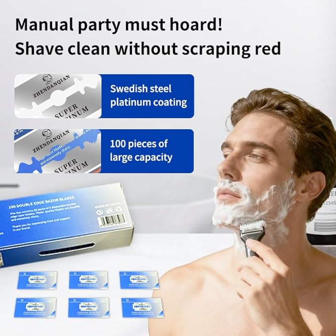 Super Platinum Double Edge Razor Blades, Swedish Quality, 100 Pack, Sharp Non-Irritating, 1.69 x 0.87 Inch, 6-Month Supply